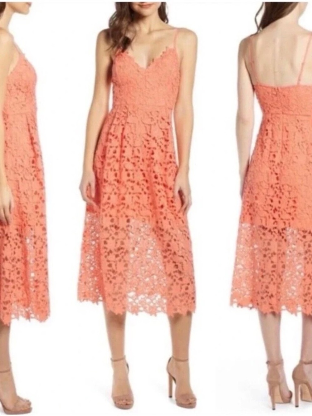 ASTR Lace V-Neck A-line Midi Dress Coral Sz Small